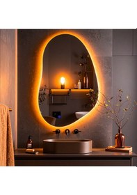 Resim Nelyos Amber Led'li Lazer Kumlamalı Lavabo & Banyo Aynası Dokunmatik Sensörlü 80 X 50 Cm Turuncu 