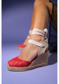 Resim Luvi Shoes Lıons Kırmızı Fileli Deri Kadın Bilekten Bağlamalı Dolgu Topuk Sandalet Kırmızı 
