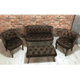 Resim ElizzanMobilya Kahverengi Çay Seti Berjer Koltuk Takımı 2+1+1 Koltuk Ve Bench Bank 