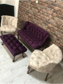 Resim ElizzanMobilya Krem Ve Mürdüm Çay Seti Berjer Koltuk Takımı 2+1+1 Koltuk Ve Bench Bank 