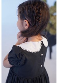 Resim Dantel Detaylı Bebe Yaka Kız Çocuk Bebek Poplin Siyah Beyaz Elbise 001 