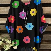 Resim Artı Boyutlu - Artı Boyutlu Kadınlar için Çiçek Desenli T-Shirt - Rahat Crew Neck, Kısa Kollu, Hafif Polyester, Canlı Çok Renkli Çiçekler, Rahat Yaz Üstü, Tüm Mevsim Giyim | Canlı Çiçek Deseni | Esnek Kumaş 