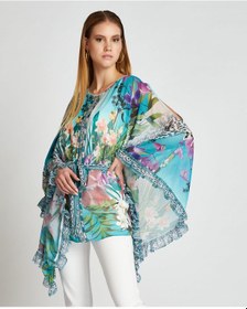 Resim Kadın Desenli Kemerli Şifon Pareo Geniş Kollu Ve Akışkan Hafif Tasarım 