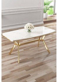 Resim Canisa Lena Serisi 90x160 Lak Panel Beyaz Mermer Desen Gold Ayaklı Masa Takımı Ve 6 Cappucino Sandalye Beyaz Mermer Desen Masa Cappucino Sandalye 