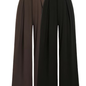 Resim Kadınların Zarif Geniş Bacaklı Pantolonları - İki Parça Takım, Kahverengi ve Siyah, Şık Resmi ve Günlük Pantolonlar Ofis, Etkinlikler, Rahat Kıyafetler için - Tüm Mevsimler Zarif Bacaklı Giyim, Etkinlik Kıyafetleri, Yüksek Bel Tasarımı, Dayanıklı Kumaş 