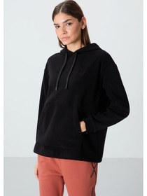 Resim Tommy Life Siyah Kalın Yumuşak Dokulu Kapüşonlu Oversize Nakışlı Polar Kadın Sweatshirt - 97292 Siyah 