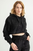 Resim Genel Markalar Velsoft Kumaş Kapüşonlu Crop Boy Rahat Kalıp Kadın Sweatshirt-siyah 