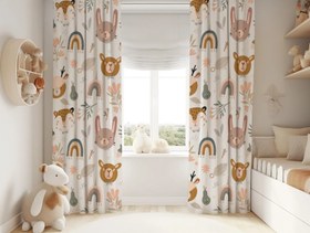 Resim Halı Vagonu HV217 Sevimli Hayvanlar Çocuk Odası Kadife Kumaş Fon Perde - 140x300 / Tek Kanat 