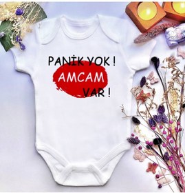 Resim irembaby Unisex Bebek Panik Yok Amcam Var Baskılı %100 Pamuklu Çıtçıtlı Body Zıbın 