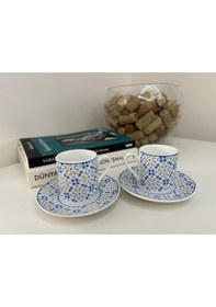 Resim Motifli Porselen Fincan Takımı - 2 Kişilik Mavi Beyaz 