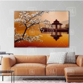 Resim SML TABLO Japon Kiraz Çiçeği Manzara Kulube Göl Çardak Huzur Yatay Kanvas Tablo 