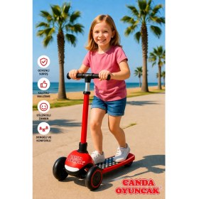 Resim Canda Oyuncak 3 Tekerlekli Işıklı Ayarlanabilir Direksiyonlu Çocuk Scooter - Kırmızı 3+ Yaş , 50 kg Kapasiteli 