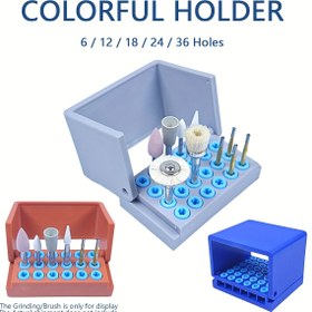 Resim Plastik İğne Tutucu, Taşlama Başlığı Tutucu, Sterilizasyon Rafı, Çoklu renk özellikleri, Çap RA2.35mm&FG1.6mm dahil, Elmas Silikon Kumtaşı başlık, Bur, Fırça, İğne Tutucu için uygun. Çoklu Özellikler 6/12/18/24/36 delik 