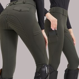 Resim Kadınlar için at binme pantolonu, hızlı kuruyan polyester 80% spandex 20% örgü kumaş, geometrik desenli skinny bisiklet pantolonu, cepli, yüksek esneklik, tüm mevsimler için uygun, 300g/m² - Kemer dahil değildir 