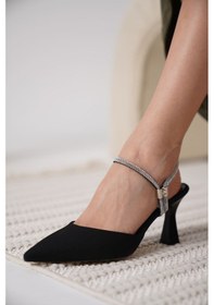 Resim Georgina Siyah Saten Taşlı Sivri Burun Topuklu Abiye Ayakkabı Siyah 