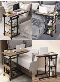 Resim Yükseklik Ayarlı Raflı Çalışma Masası - Atlantik Çam Tekerli Atlantik Çam 