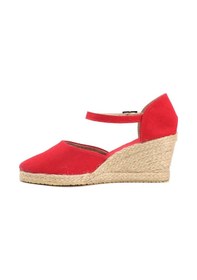 Resim Star Tombis Gerçek Elişi Bilekten Bantlı Topuğu Açık Keten Espadril Dolgu Topuk Handmade Kırmızı 