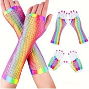 Resim Rainbow Gradient Fishnet Eldivenleri, Uzun / Kısa Delikli Parmaksız Eldivenler, Kadınlar için Parti Prom Dekoratif Eldivenler 
