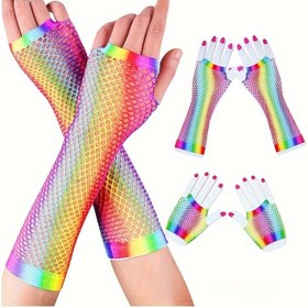 Resim Rainbow Gradient Fishnet Eldivenleri, Uzun / Kısa Delikli Parmaksız Eldivenler, Kadınlar için Parti Prom Dekoratif Eldivenler 
