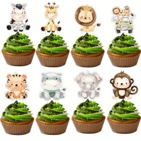 Resim 24 adet Jungle Safari Cupcake Toppers - Kaplan, Fil, Zürafa Kağıt Süslemeleri Gençlerin Doğum Günü Partisi ve Safari Temalı Kutlamaları için, Gençlerin Parti Malzemeleri | Eğlenceli Hayvan Tasarımları | Kolay Temizlik 