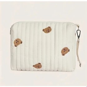 Resim Sevimli Ayı Nakışlı Kore Tarzı Bebek Bezi Çantası,su Geçirmez Orginizer Çanta Ekru 