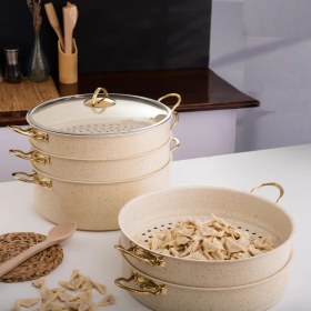 Resim Evren 6 Parça 30 cm Cream Ezme Seri Buharlı Pişirici, Mantı Tencere Seti 7,5 Lt 