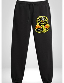Resim Angemiel Cobra Kai Karete Çocuk Yılan Logo Dizi 3 İplik Erkek Baskılı Siyah Eşofman Altı Siyah 