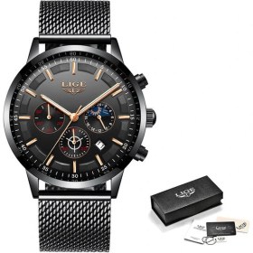 Resim Hanyang Siyah Altın Lıge Üst Marka Lüks Yeni Moda Erkekler Için Basit Izle Mavi Kadran Izle Örgü Kemer Spor Su Geçirmez Saatler Ay Fazı Bilek Saati (Yurt Dışından) 