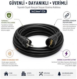 Resim 3x2.5mm TTR Topraklı Siyah Kauçuk Seyyar Uzatma Kablosu (35 METRE) 