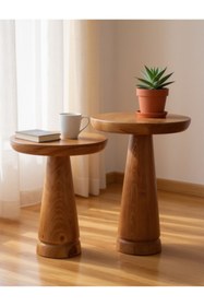 Resim AYLESA Doğal Ahşap 2’li Set Mantar Yan Sehpa Modern Fiskos Zigon Çiçeklik 