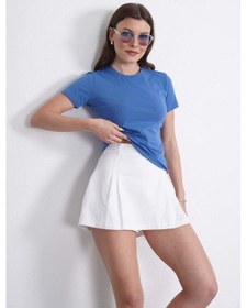 Resim Crop Slim Fit Pamuk Likra Tişört-koyu Mavi Koyu Mavi 