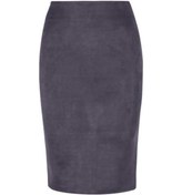 Resim Kadın Kalem Etek Kalça Sarılı Etek Sırt Düz Renk Süet Yüksek Bel Yırtmaç Tasarım Fermuarlı Pat Diz Boyu Gri 