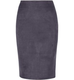 Resim Kadın Kalem Etek Kalça Sarılı Etek Sırt Düz Renk Süet Yüksek Bel Yırtmaç Tasarım Fermuarlı Pat Diz Boyu Gri 