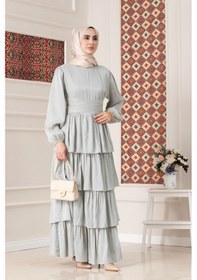 Resim Kat Detaylı Beli Kemerli Alina Tesettür Abiye-mint Yeşili-5750 