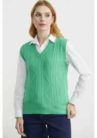Resim V Yaka Motifli Triko Süveter - Yeşil Yeşil 