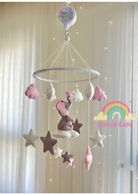 Resim Pembe Gri Fil Figürlü Kız Bebek Beşik Dönencesi Müzikli Dönence 