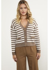 Resim Sementa Çizgili Cep Detaylı Triko Hırka - Sütlü Kahve 001 