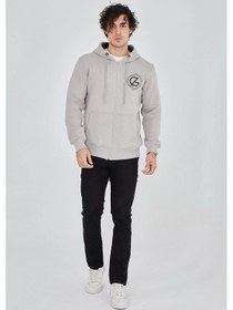 Resim Barlashive Erkek 3 İplik Pamuklu Fermuarlı Kapüşonlu Kanguru Cepli Baskılı Hoodie Hırka Sweatshirt - Boyalı Gri Çok Renkli 