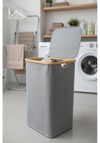 Resim Bambu Çerçeveli 75 Litre Kapaklı Katlanabilir Kirli Çamaşır Sepeti, 60x40x30 Gri 
