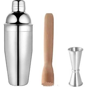 Resim Metal Shaker 350 ml + 3/6 cl Jigger + Ahşap Mojito Tokmağı Bar Seti Kokteyl Shaker Tokmak Seti 