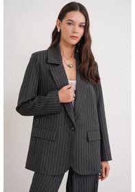 Resim Mixray 4753 Kadın Çizgili Oversize Blazer Ceket Antrasit 