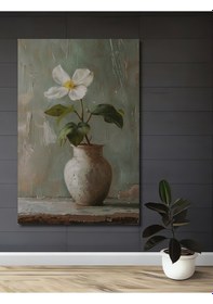 Resim Beyaz Çiçekli Vazo Yağlı Boya Görünümlü Dekoratif Ahşap Ev,antre,ofis,mutfak,Yatak Odası Tablo--- 30 X 20 