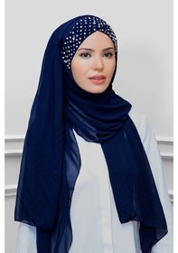 Resim Hürrem Bone Lacivert Pratik Hazır Geçmeli Bone Şal Şifon Kendinden Boneli Taş 