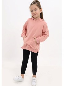 Resim Toontoy Kids Toontoy Kız Çocuk 2'li Takım Baskılı Kapüşonlu Düşük Omuz Cepli Yırtmaçlı Sweatshirt & Basic Düz Tayt Mercan 