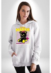 Resim Baş Belası Teddy Kadın Erkek Beyaz Kapüşonlu Sweatshirt Hoodie Beyaz 