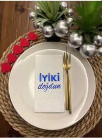 Resim Mavi Yaldızlı Beyaz İyi Ki Doğdun Baskılı Garson Katlama Peçete 16 Lı 