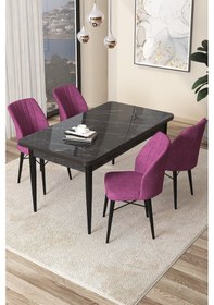 Resim Canisa Arp Serisi, 71x110 Sabit Mutfak Masa Takımı, Siyah Mermer Desen Masa 4 Mor Sandalye Masa Siyah Mermer Desen Sandalye Mor 