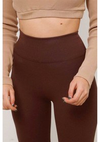 Resim Bonbonetti Chocolate Baby & Kids Fitilli Seamless Çizgili Tayt Yüksek Bel Dayanıklı Örme Kumaş Spor Tayt Toparlayıcı Kahverengi 