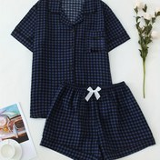 Resim Yetişkinler için Rahat Karikatür Kontrol Pijama Seti - Kısa Kollu, Beyaz Gingham Desenli, Sevimli Yaka, Bahar/Yaz/Sonbahar Giyim, Yaylı Detaylı Rahat Kesim, Rahat Kesim Pijama|Oyuncağı Baskı Tasarımı|Kısa Kollu Üst, Artı Boyutlu Pijama 