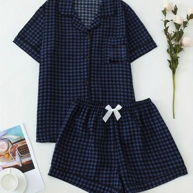 Resim Yetişkinler için Rahat Karikatür Kontrol Pijama Seti - Kısa Kollu, Beyaz Gingham Desenli, Sevimli Yaka, Bahar/Yaz/Sonbahar Giyim, Yaylı Detaylı Rahat Kesim, Rahat Kesim Pijama|Oyuncağı Baskı Tasarımı|Kısa Kollu Üst, Artı Boyutlu Pijama 